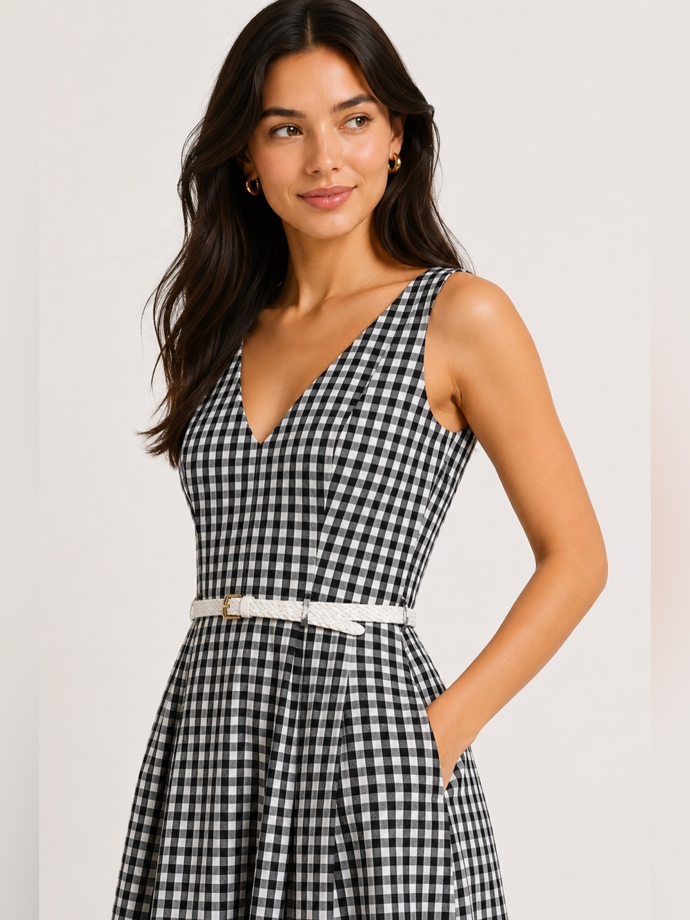 Cleo Black White Gingham Fit Flare Midi Dress A-Line Pockets Sleeveless Size 14 - Picture 2 of 14